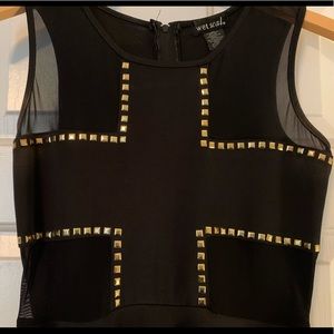 Short, Black cocktail dress with gold & mesh detail on bust. Size Medium